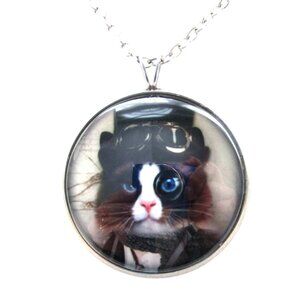 New Tuxedo Cat Steampunk Pendant Necklace - Stainless Chain - Cat Kitty Jewelry